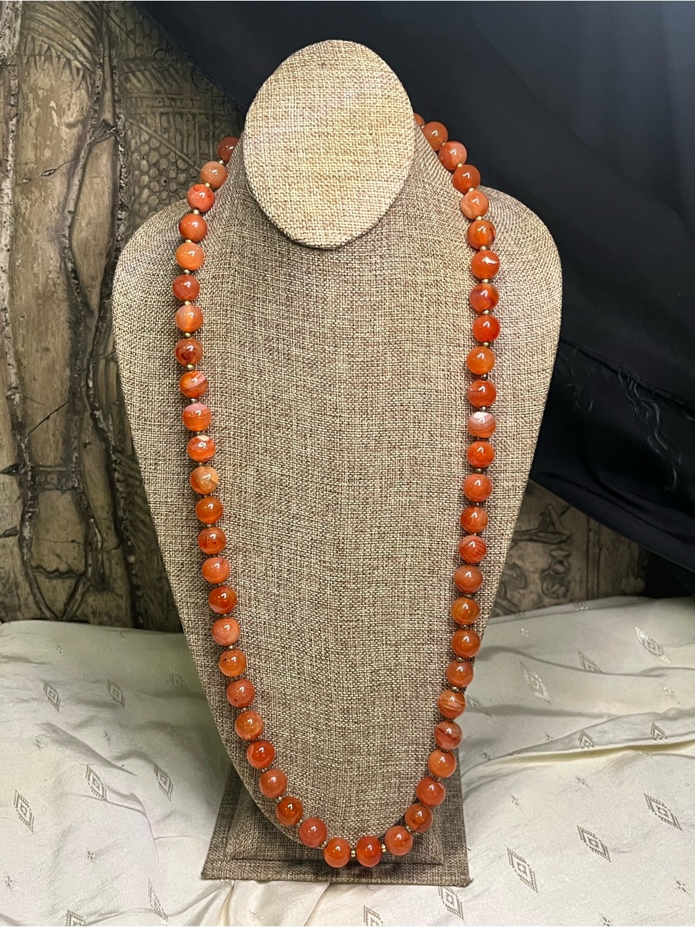 Vintage Carnelian Beaded Necklace Gold Plated Hook Clasp 33” /13mm Opera length
